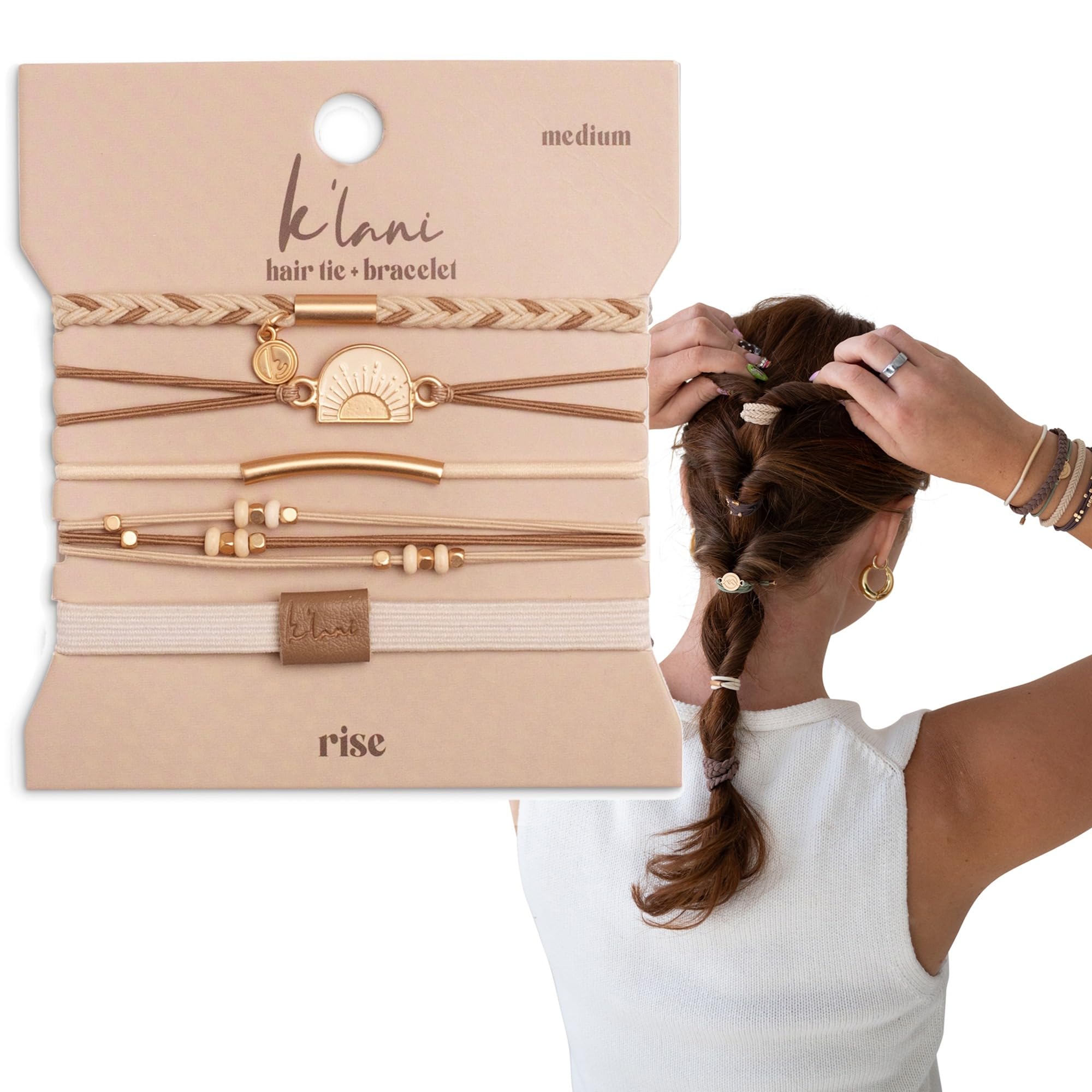 K'lani Rise front packaging showing five color-coordinated elastic bracelets for convenience
