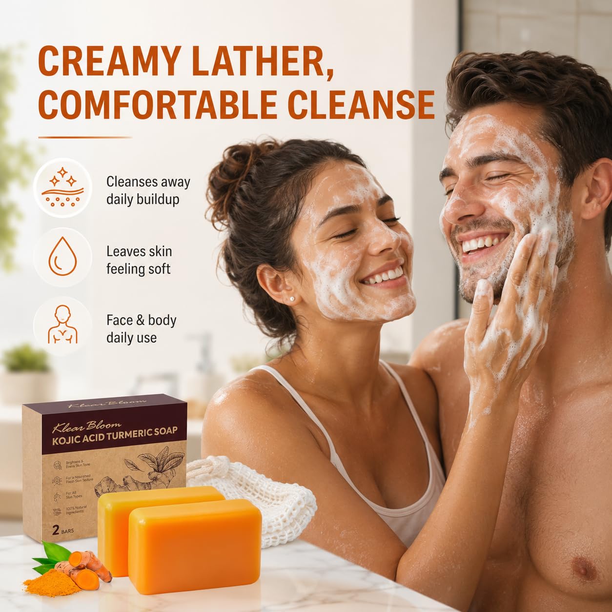 KlearBloom soap lathered in hand demonstrating gentle cleansing