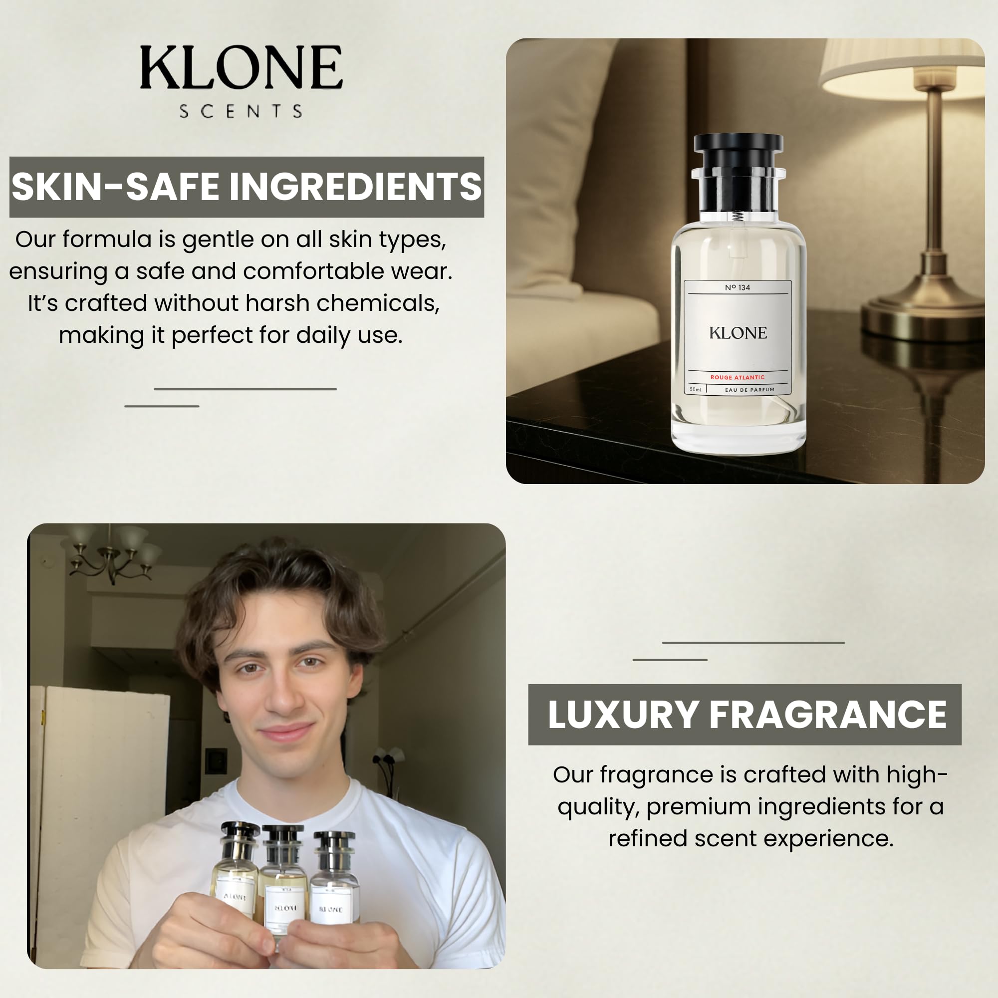 Klone Rouge Atlantic bottle staged for evening wear conveying warm, long-lasting aroma