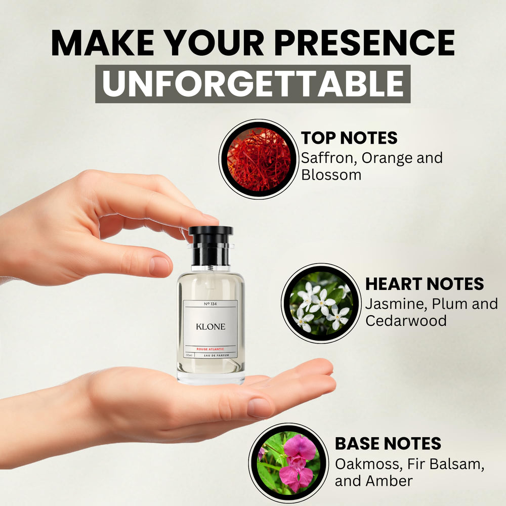 Klone Rouge Atlantic saffron and cedarwood ingredients arranged to show scent notes
