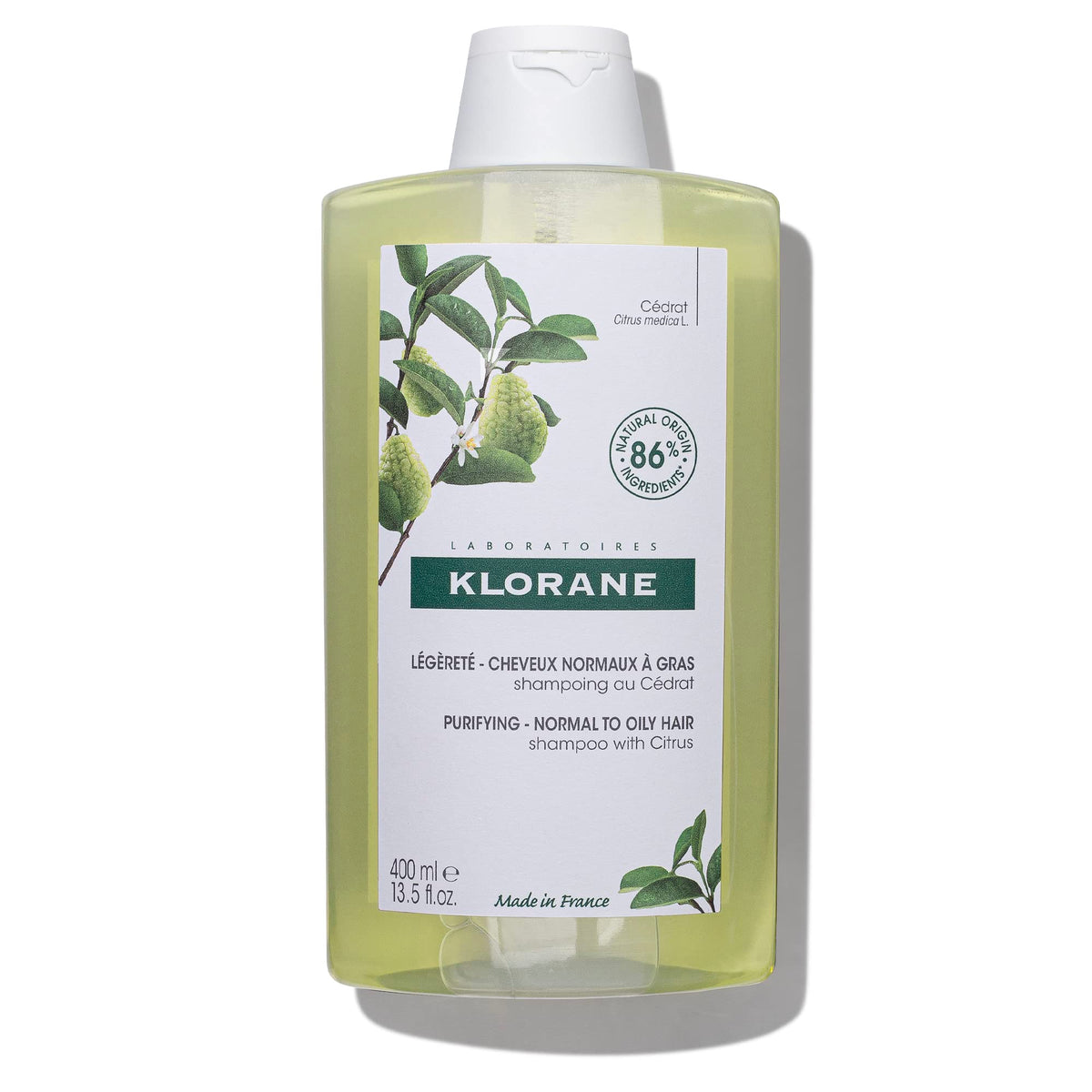 Klorane purifying shampoo front bottle shot showing label and citrus benefit