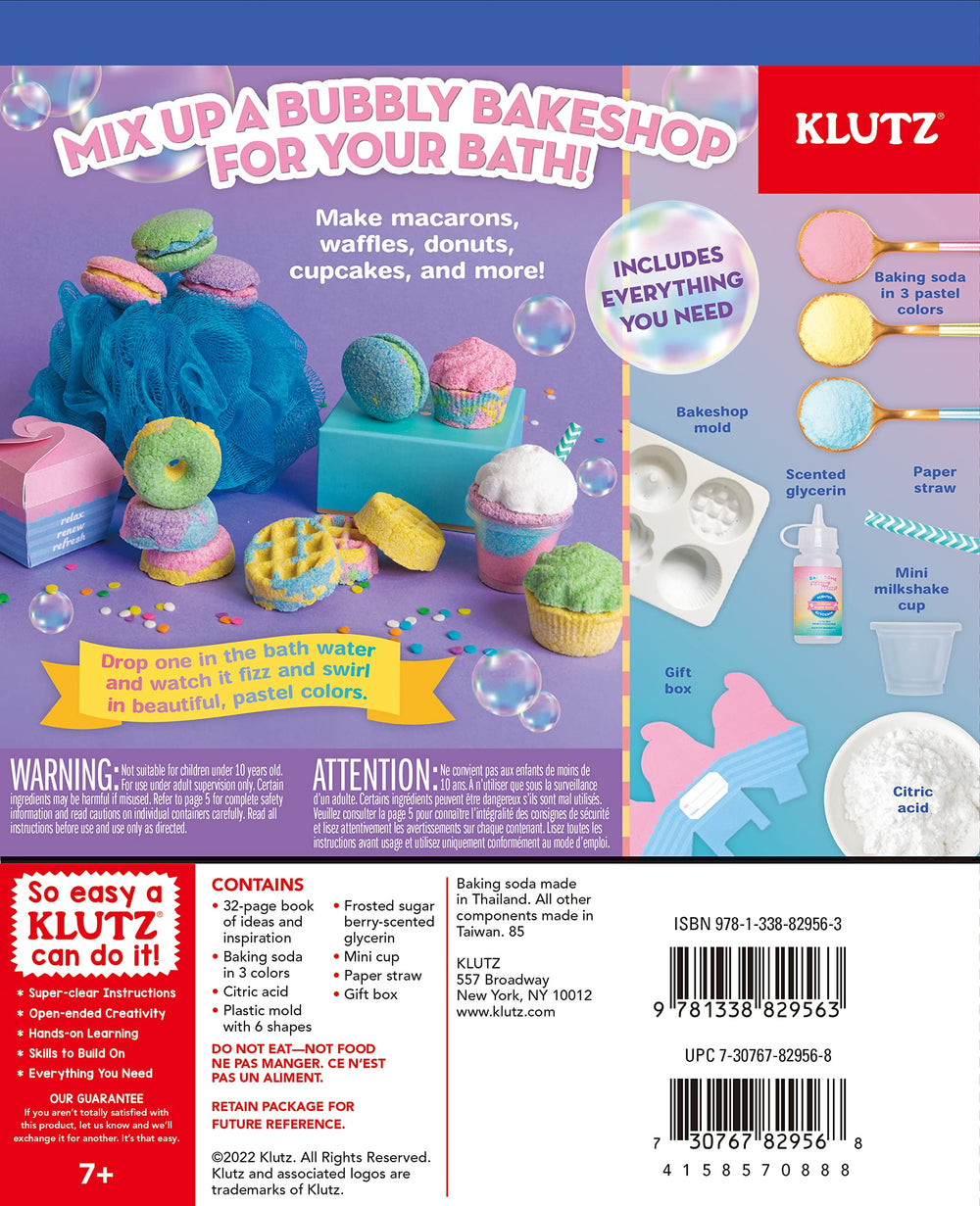 KLUTZ lifestyle scene of bath bombs fizzing in tub for playful relaxation