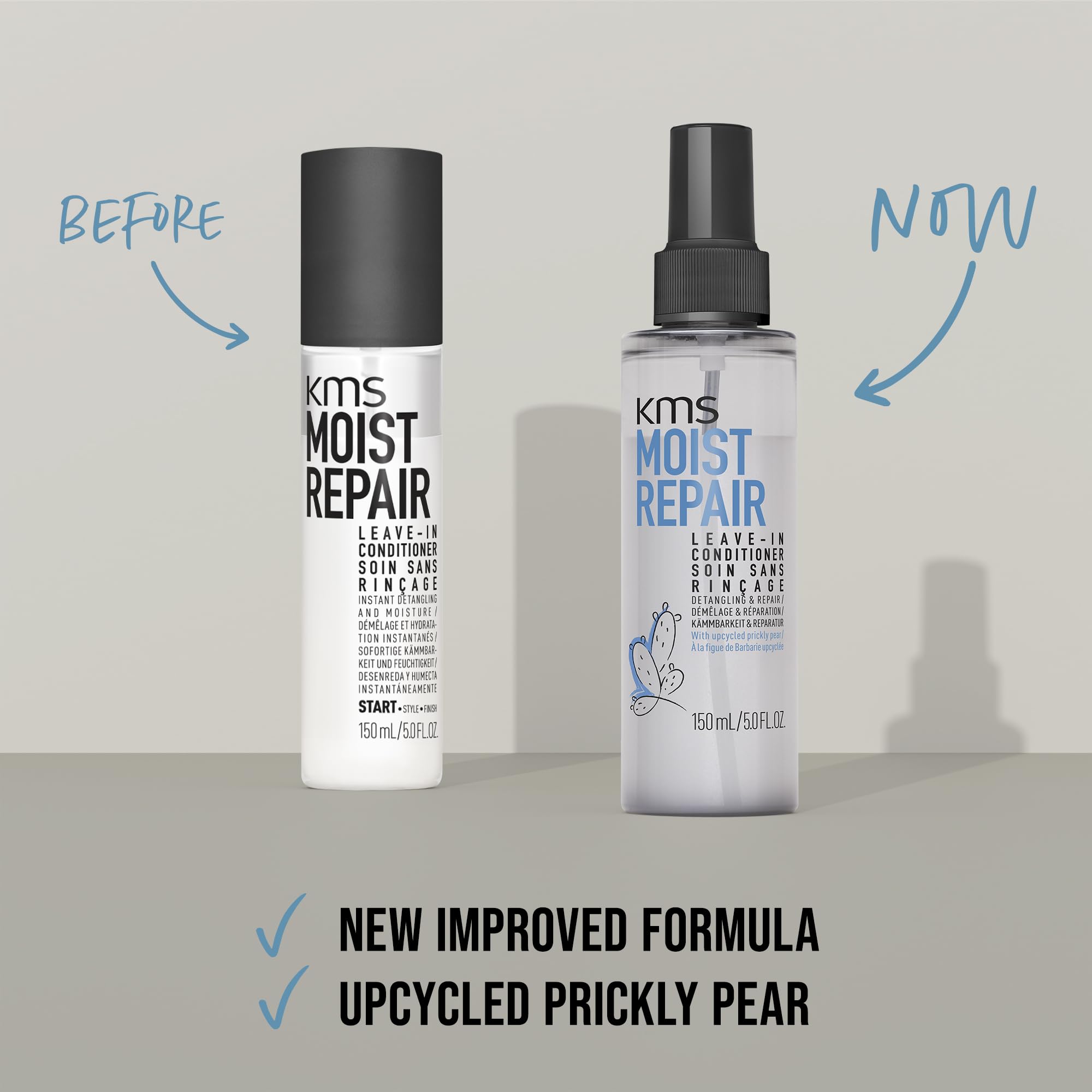 KMS bottle on a bathroom shelf among styling products for routine use