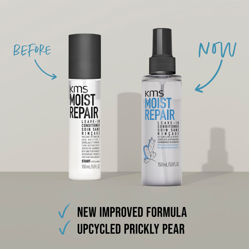 KMS bottle on a bathroom shelf among styling products for routine use