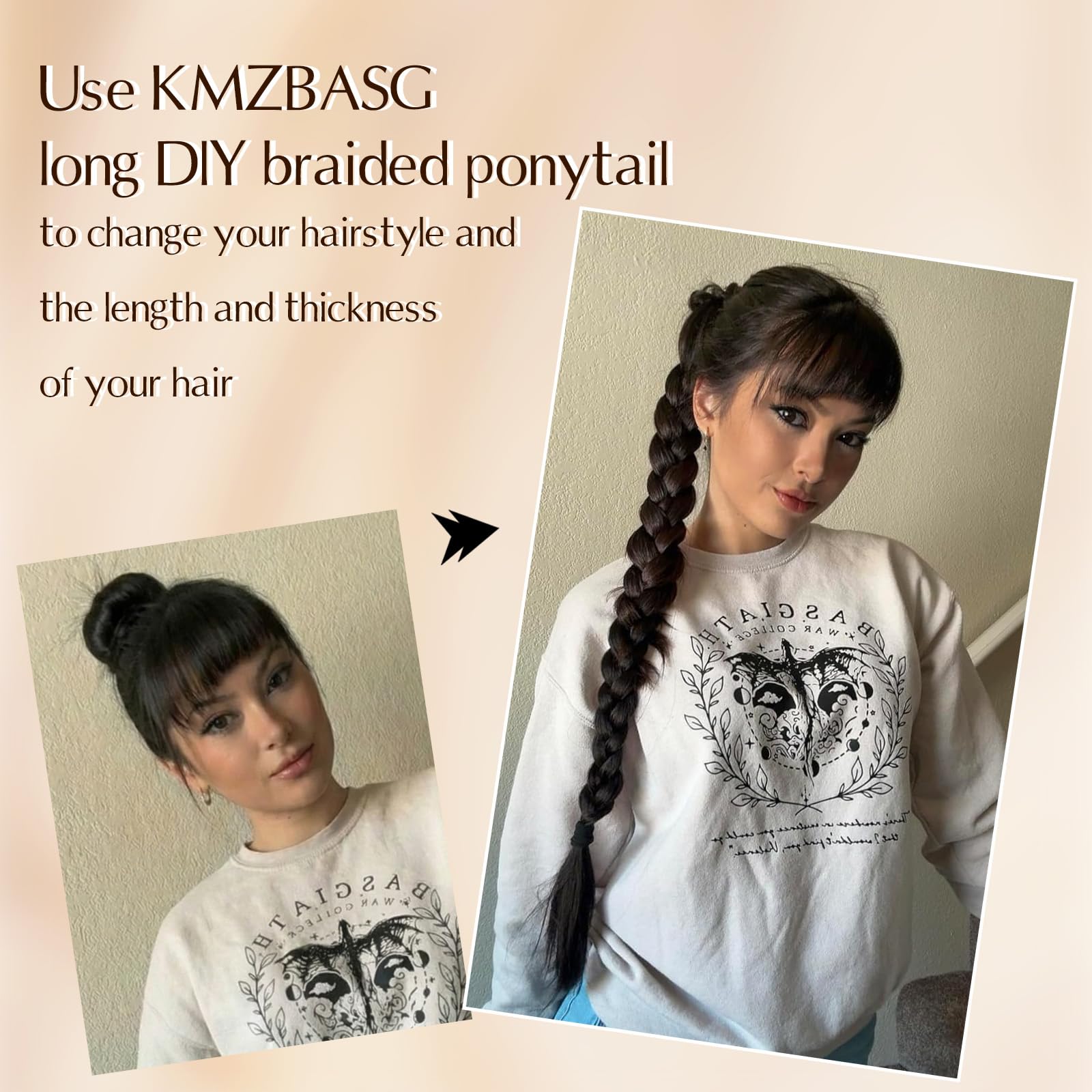 Kmzbasg worn on model demonstrating instant length and volumizing benefit