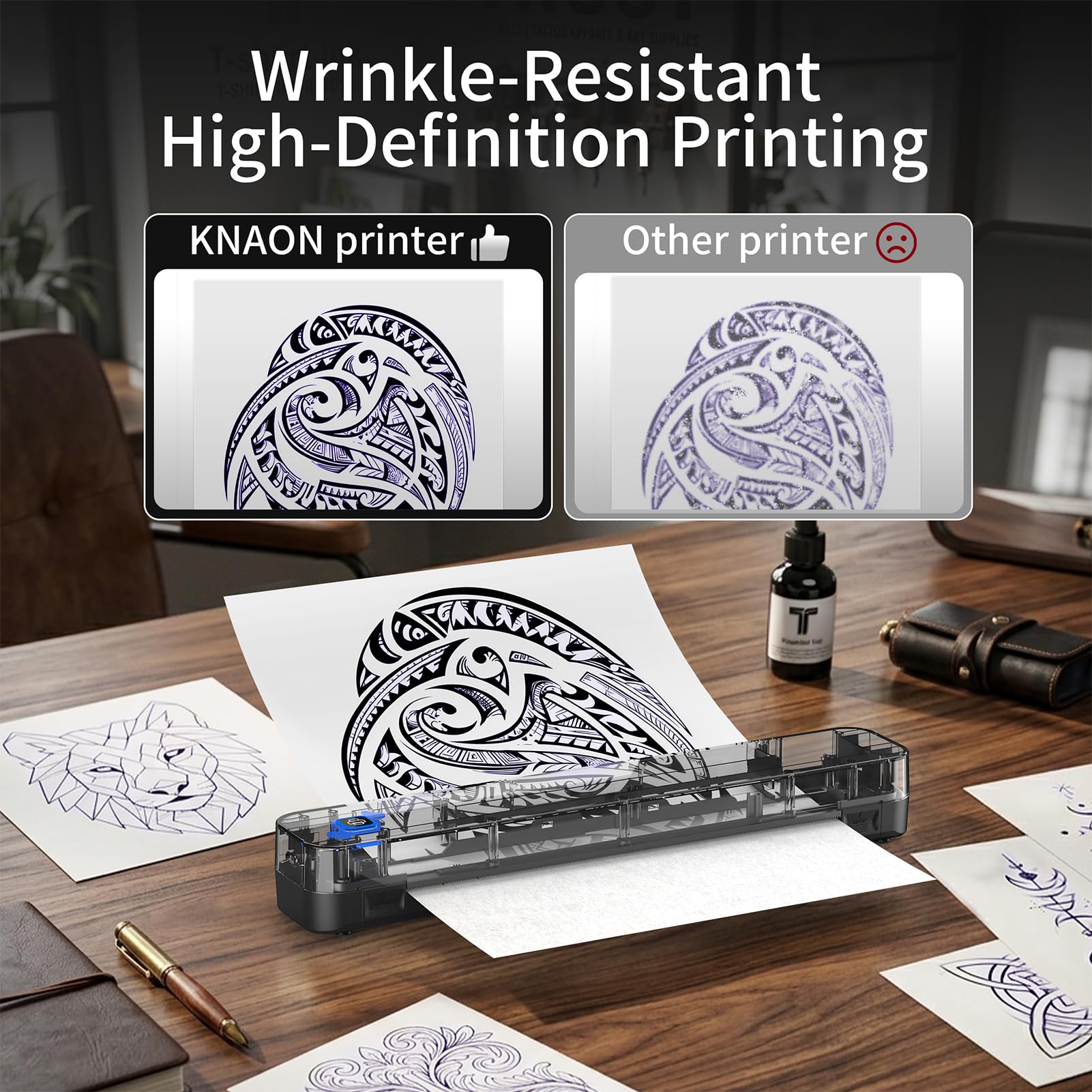 KNAON thermal paper close-up showing crisp inkless stencil benefit