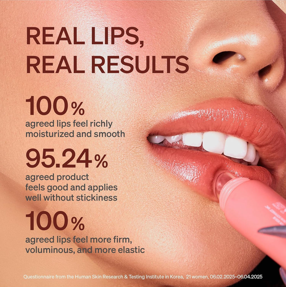 KNEMO on model smiling with glossy peach lips showing instant polish benefit