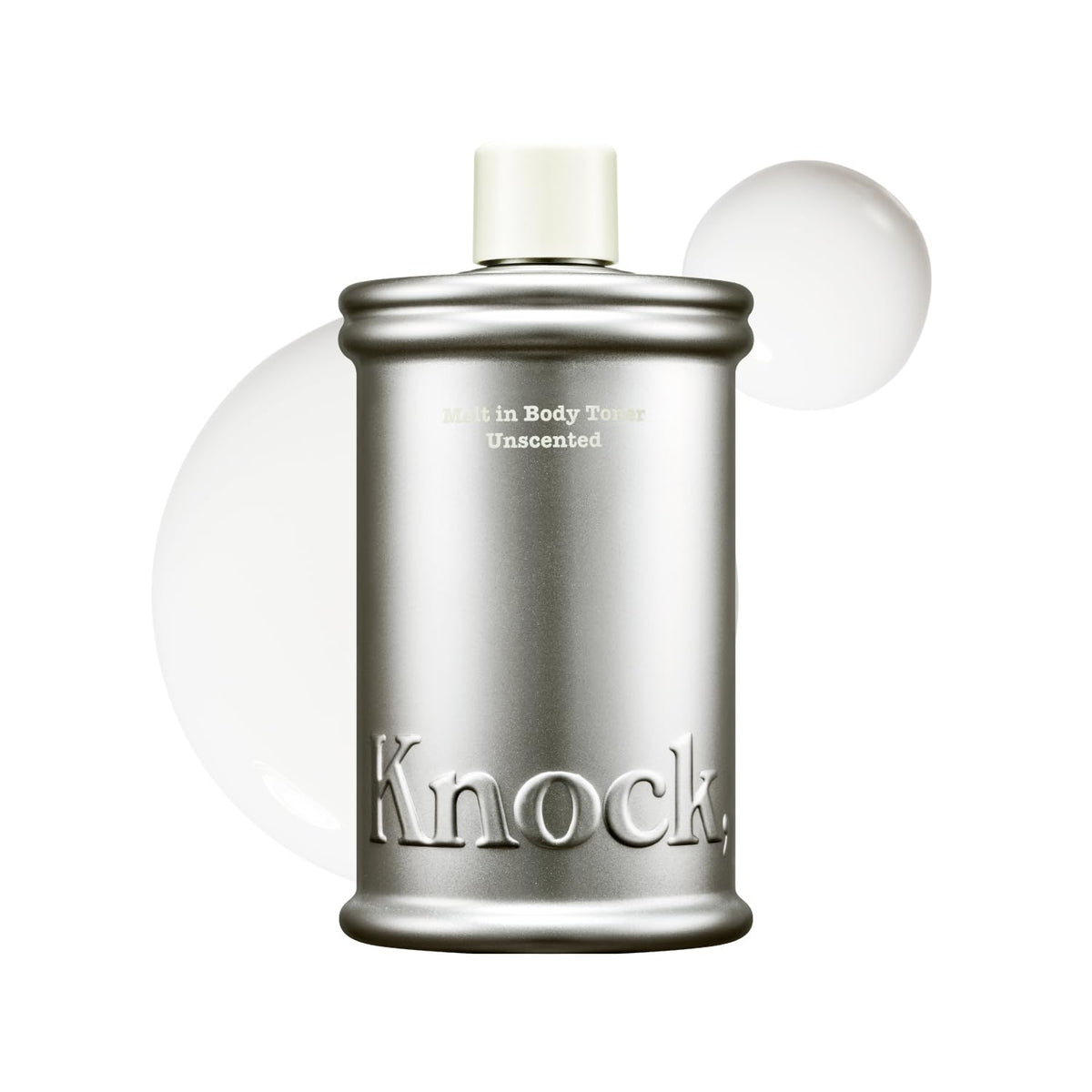 Knock front packaging showing milky unscented body toner and clean design benefit: easy identification