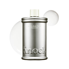 Knock front packaging showing milky unscented body toner and clean design benefit: easy identification