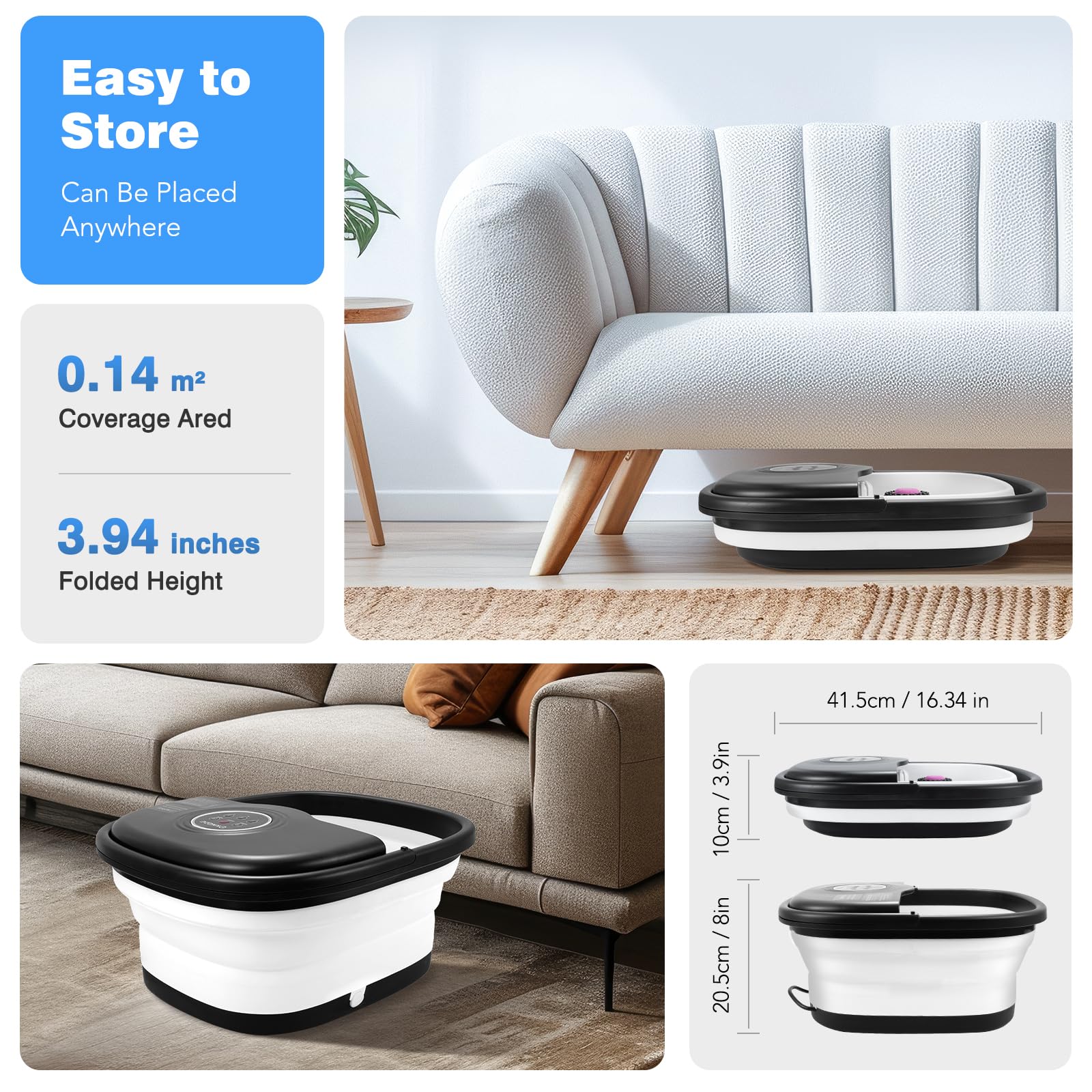 KNQZE foot spa next to a shoe to show size and scale for easy placement