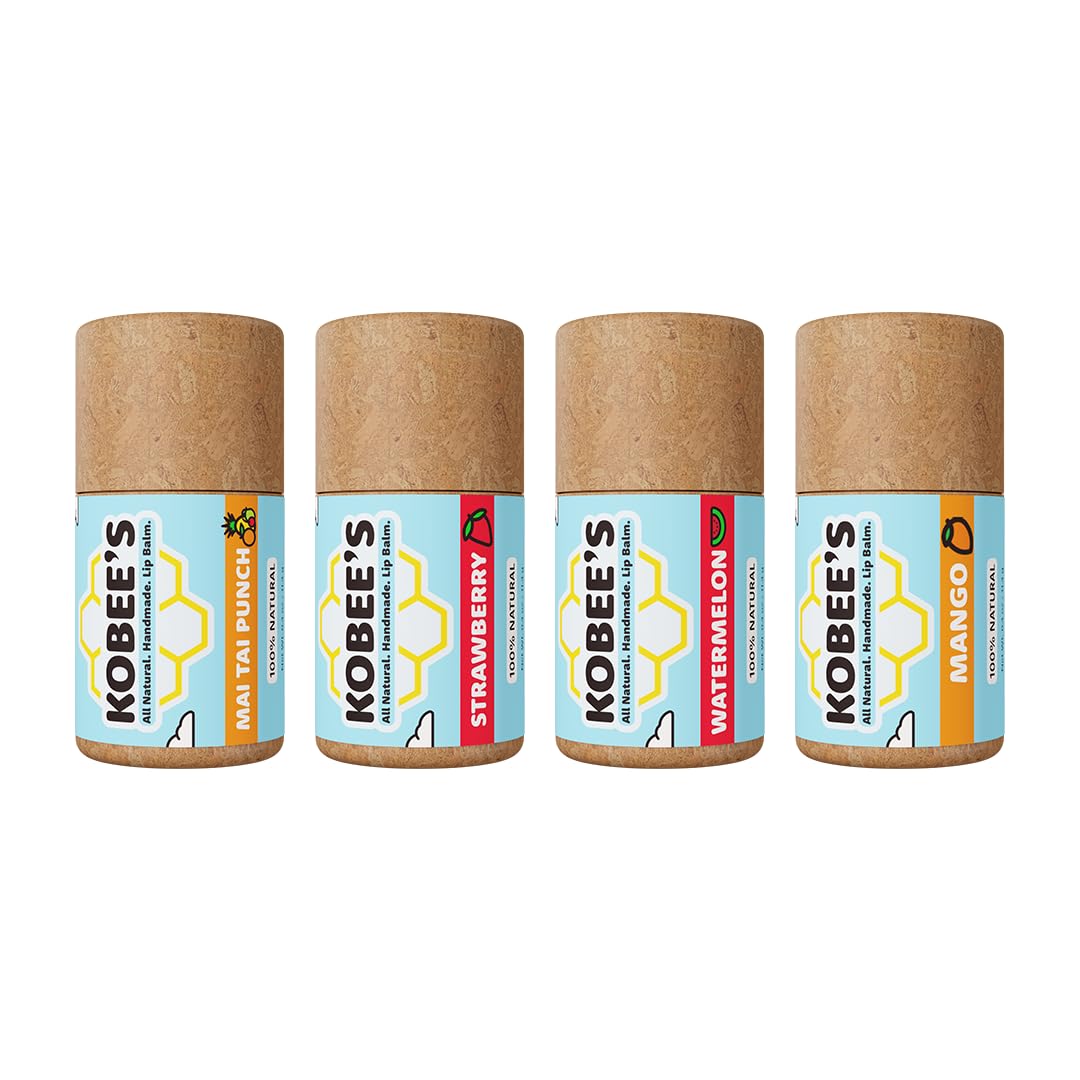 KOBEE'S front packaging of four fruit flavor lip balms showing eco tubes and vibrant labels for easy selection
