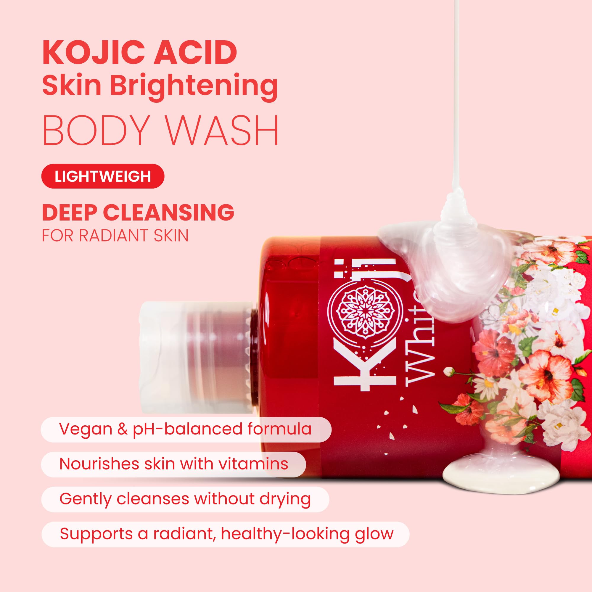 Koji White pump and label closeup highlighting product name and ingredient callouts for clarity