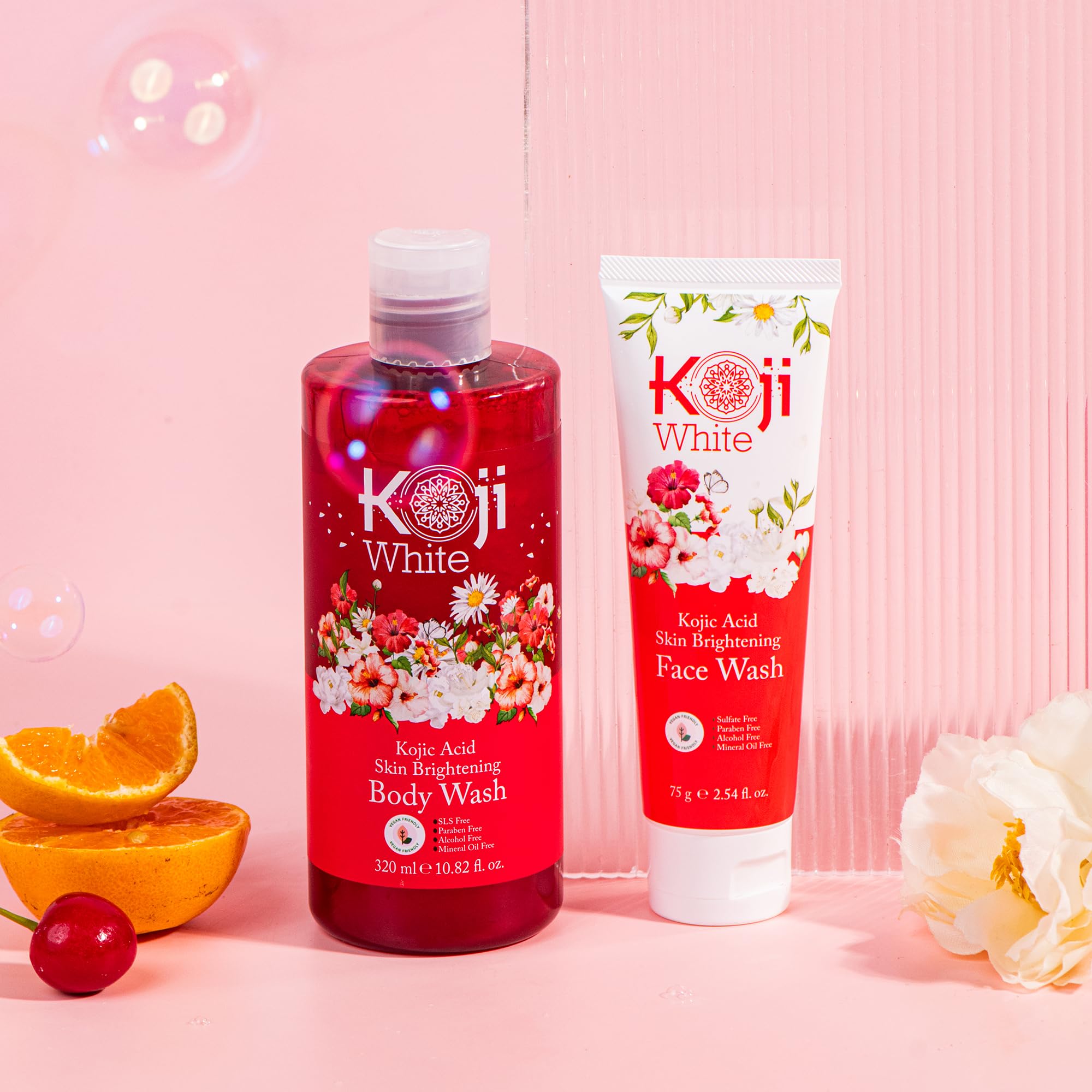 Koji White vegan and PETA-certified badges showing ethical and free-from-sulfate benefits