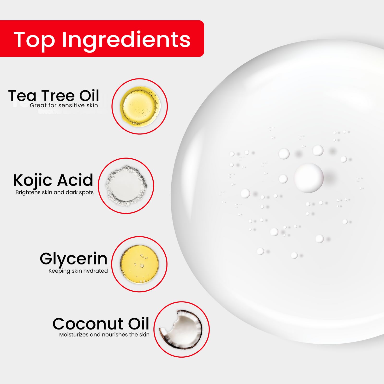 Kojie San ingredients label highlighting kojic acid, coconut oil, tea tree for clarity