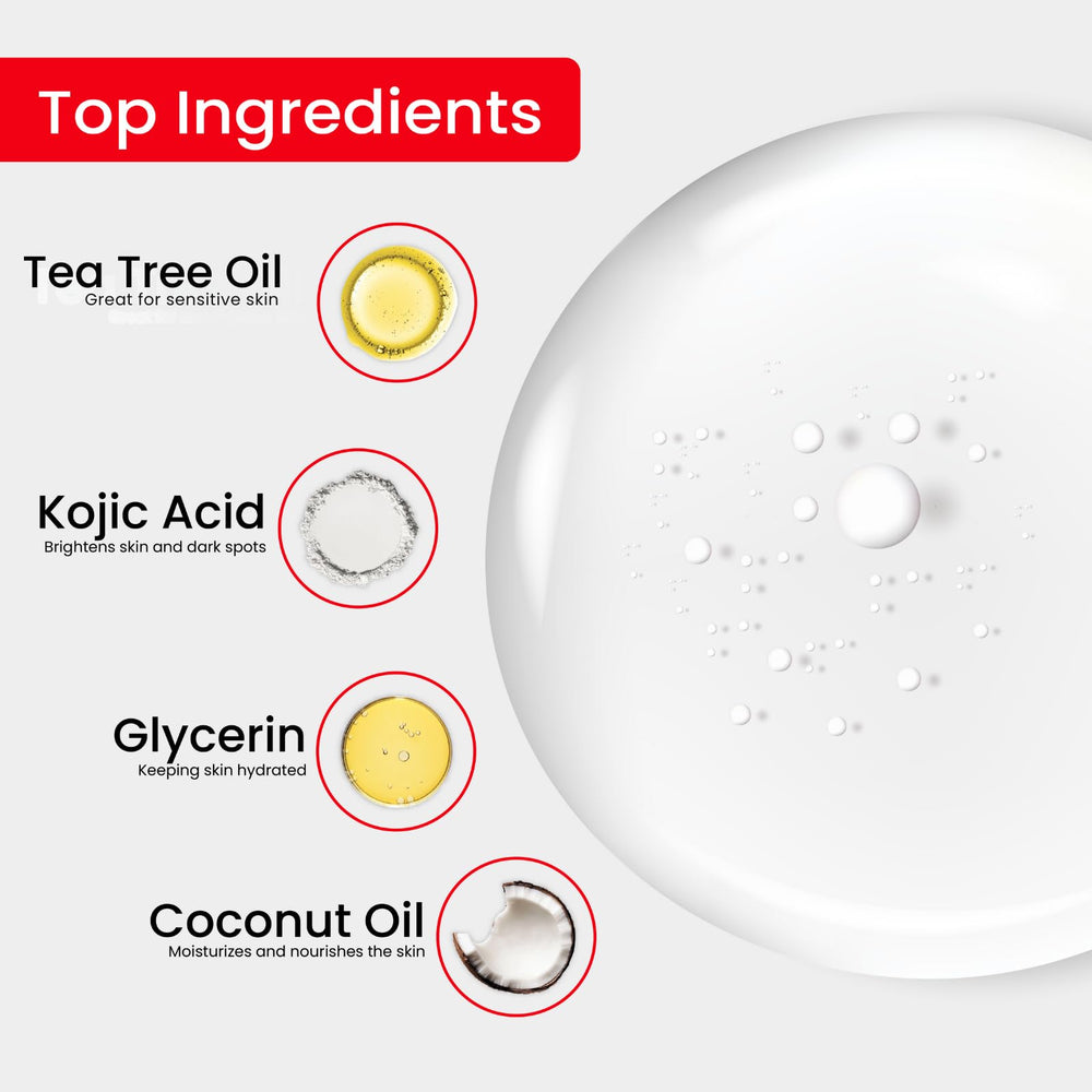 Kojie San ingredients label highlighting kojic acid, coconut oil, tea tree for clarity