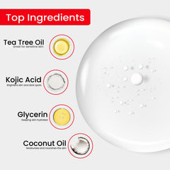 Kojie San ingredients label highlighting kojic acid, coconut oil, tea tree for clarity