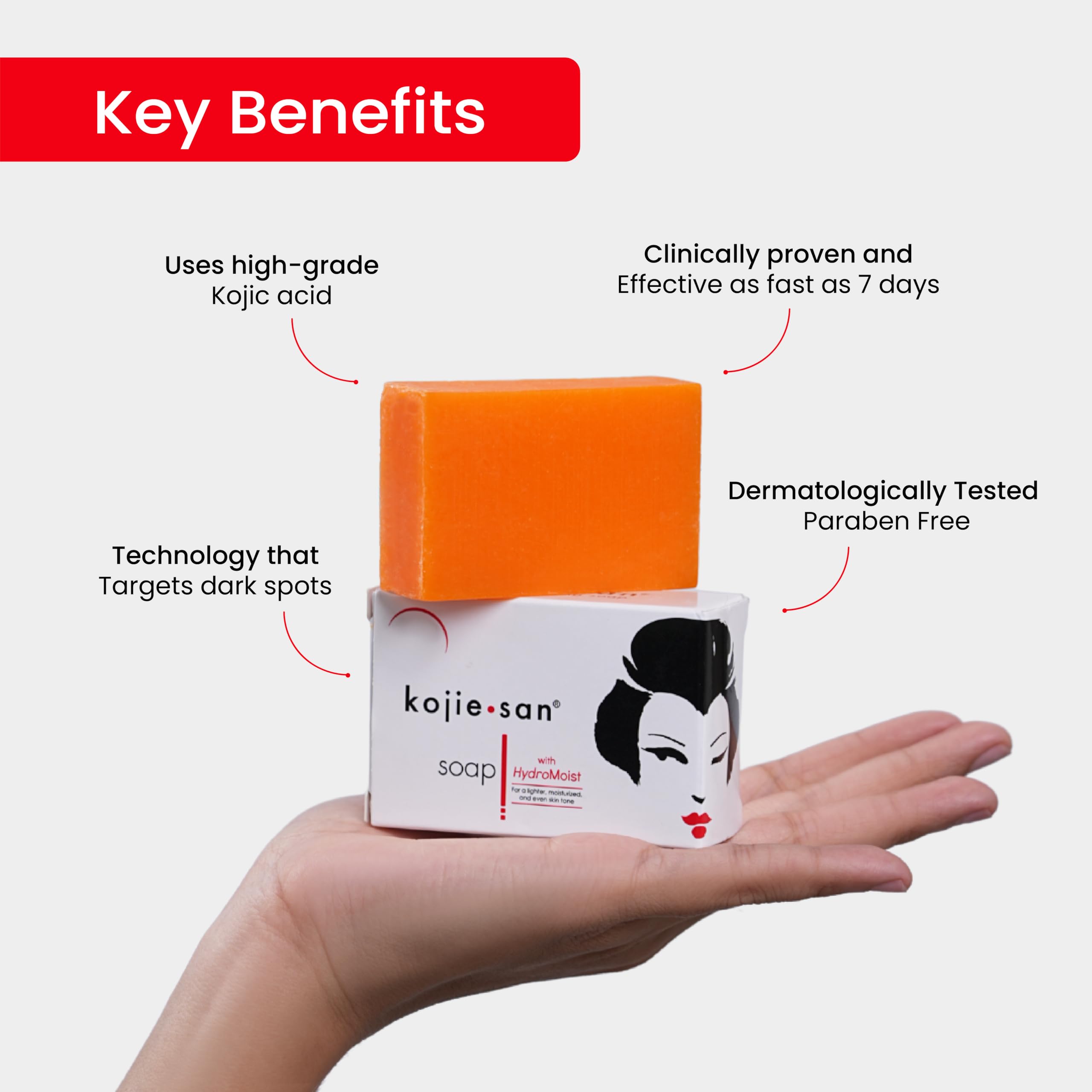 Kojie San bar in hand for scale showing portable 65g size and travel-friendly convenience