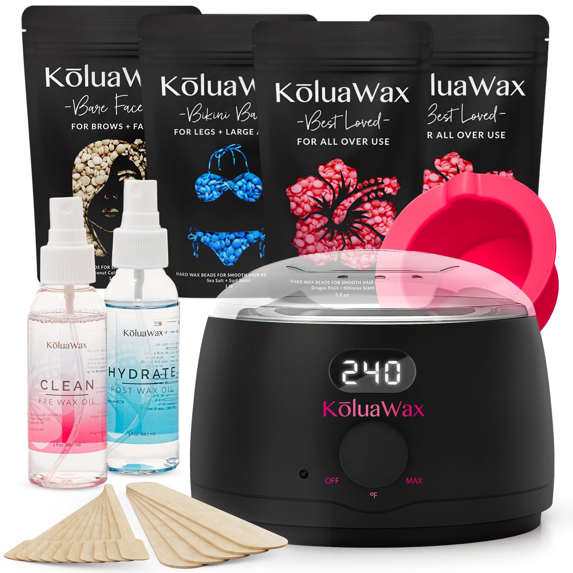 KoluaWax full kit laid out showing contents for easy at-home waxing