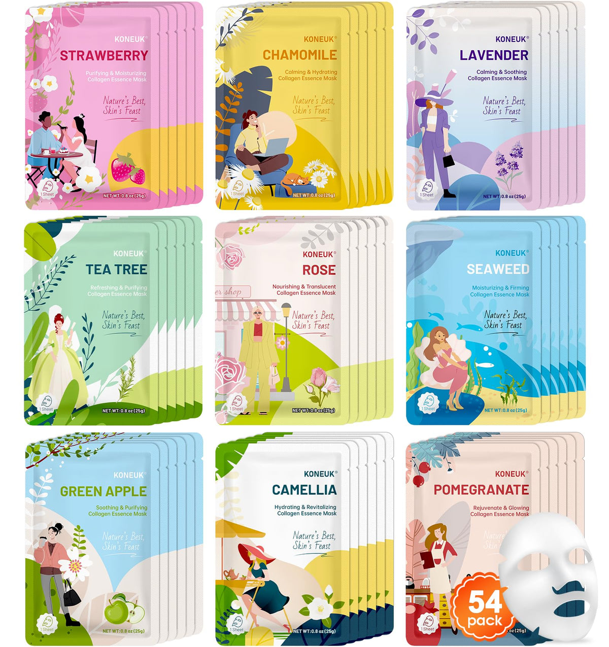 KONEUK front packaging showing 54-pack and colorful designs, highlights variety