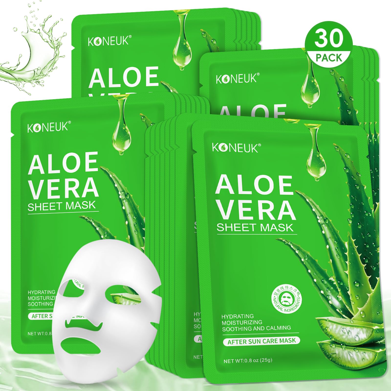 KONEUK front packaging showing 30 aloe masks, convenient bulk supply