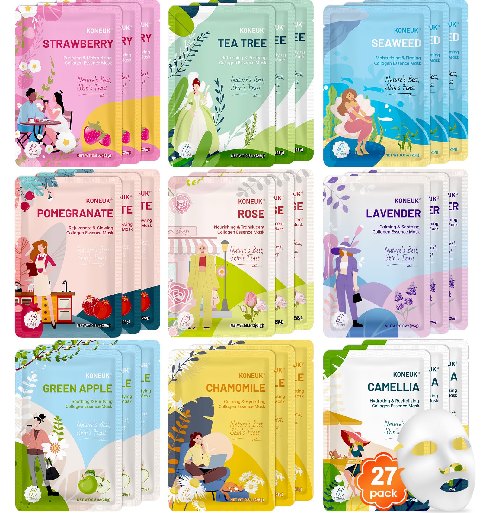 KONEUK front packaging showing 27 collagen sheet masks and benefits