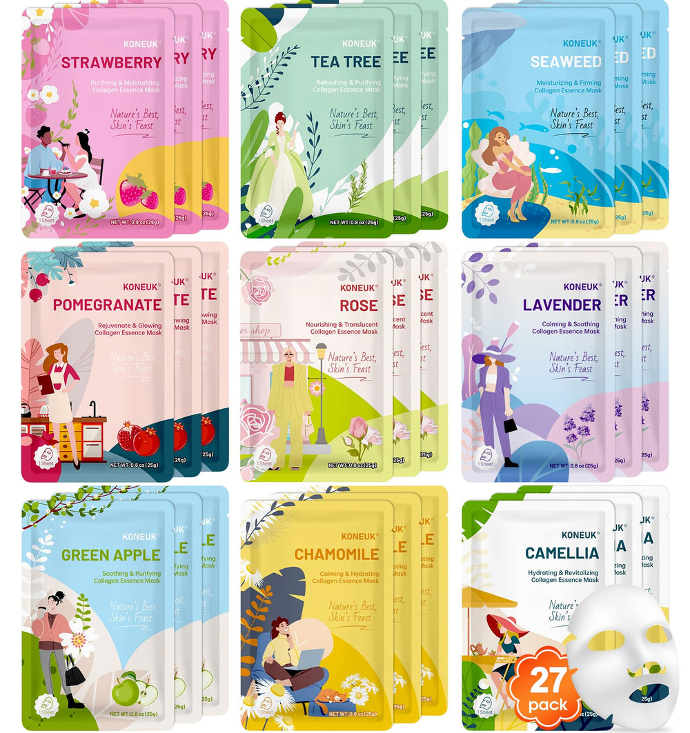 KONEUK front packaging showing 27 collagen sheet masks and benefits