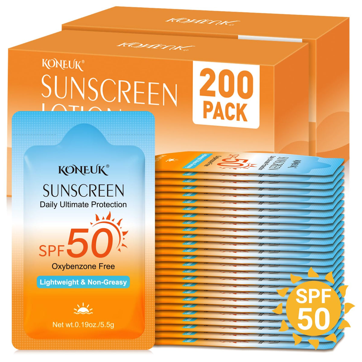 KONEUK front packet display showing compact SPF 50 packets and convenient storage