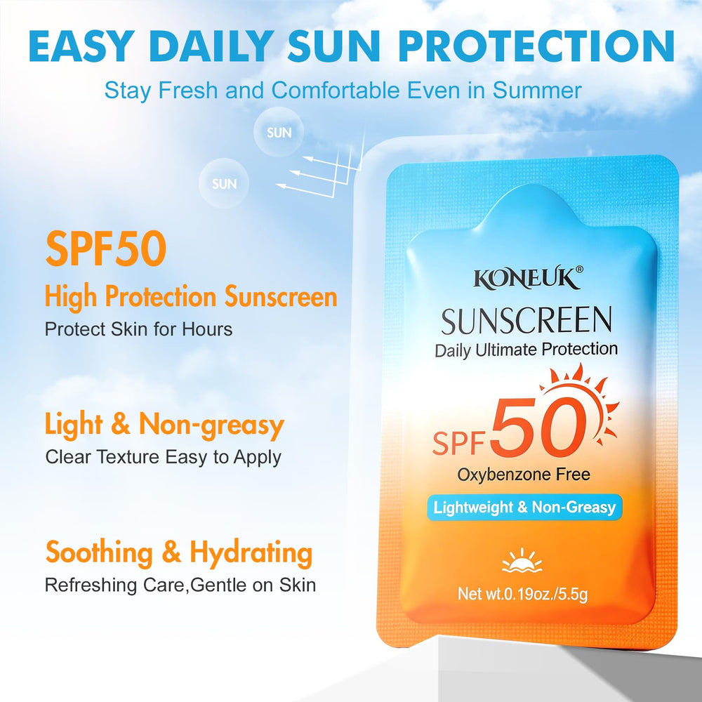 KONEUK single packet close-up highlighting sealed travel-friendly sunscreen packet
