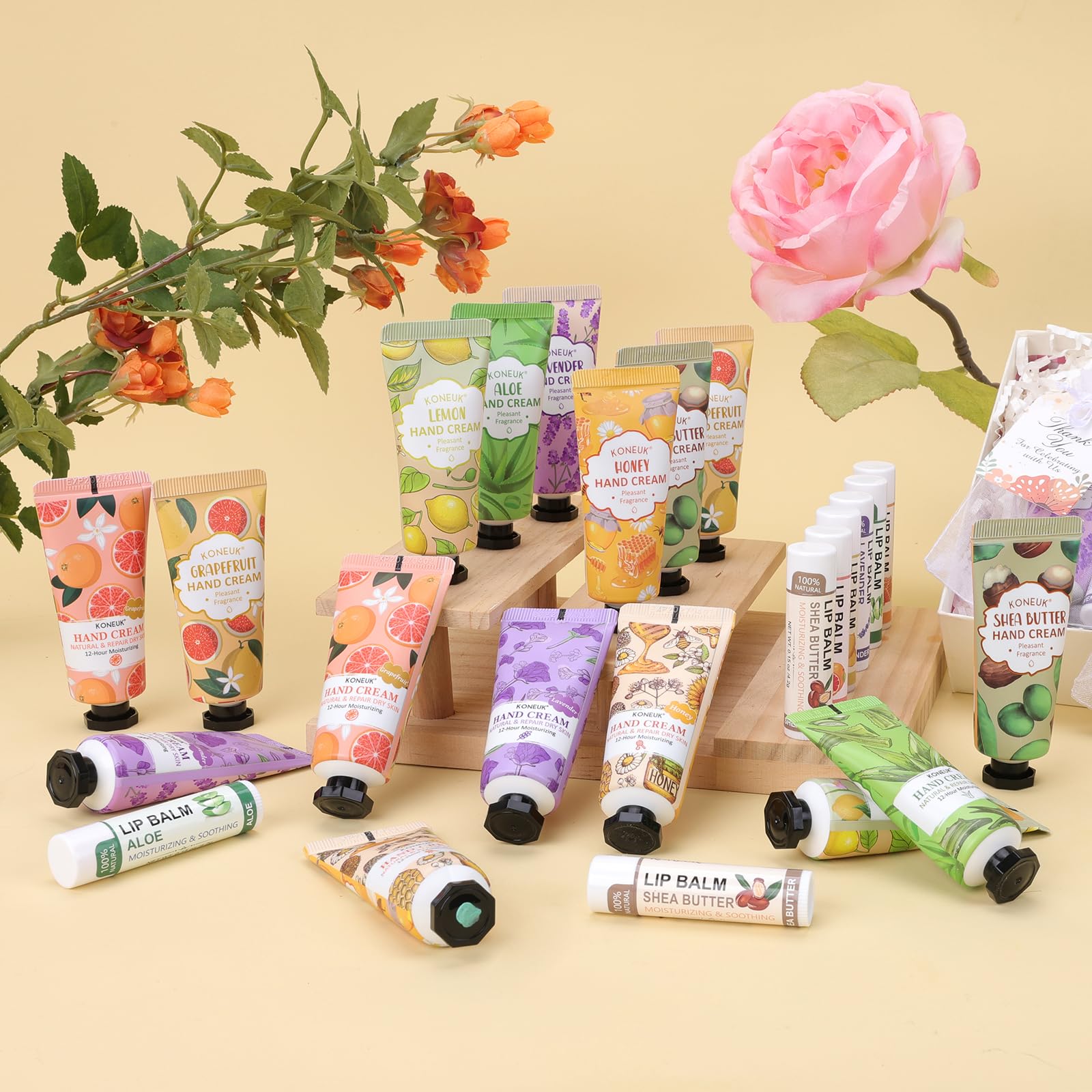 KONEUK six fragrance color array laid out to show scent variety and matching aesthetics benefit