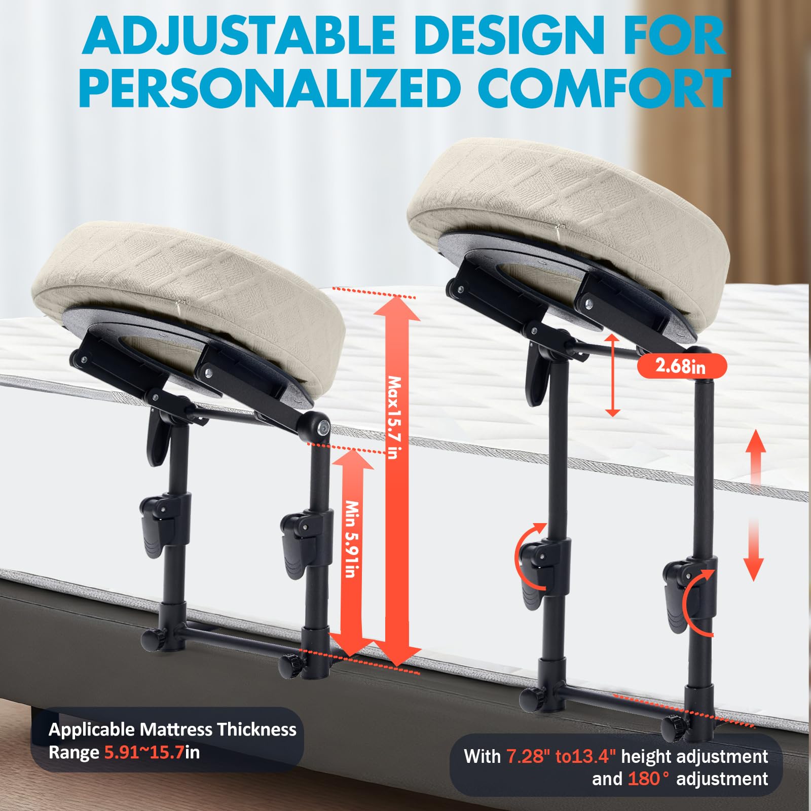 KONOVOLY headrest in use on a home bed showing ergonomic face-down positioning