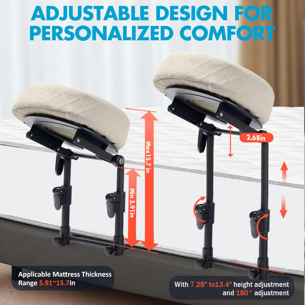 KONOVOLY headrest in use on a home bed showing ergonomic face-down positioning