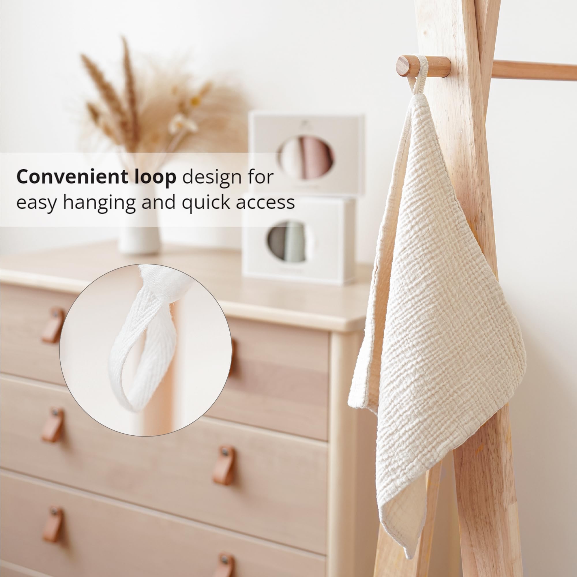 Konssy sewn hanging loop on washcloth for fast drying and storage