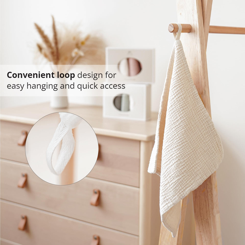 Konssy sewn hanging loop on washcloth for fast drying and storage
