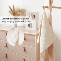 Konssy sewn hanging loop on washcloth for fast drying and storage