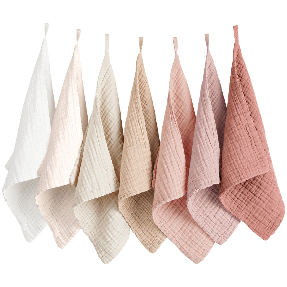 Konssy front view of seven cloths showing neat stack and soft look, easy storage benefit