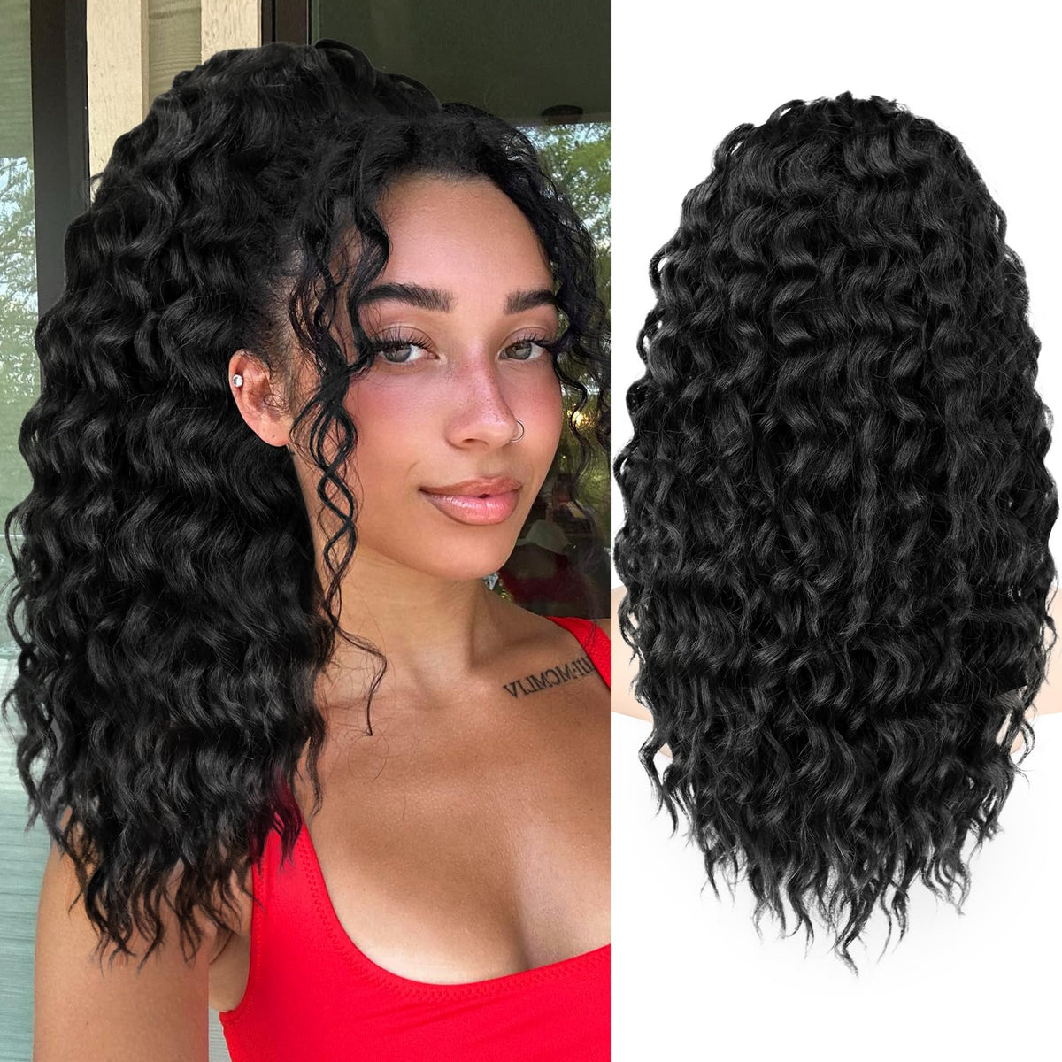 KooKaStyle front view of 18-inch black yaki-curly ponytail showing full volume and instant style
