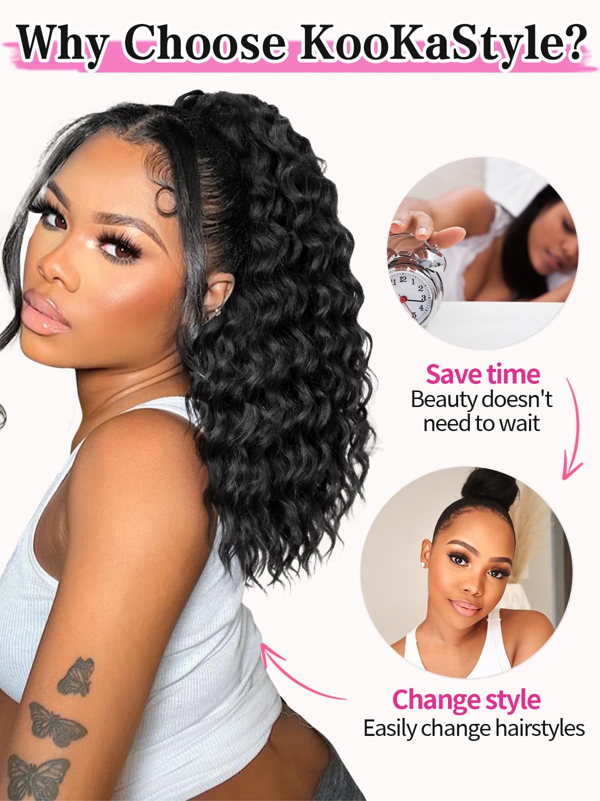 KooKaStyle worn low on model showing sleek low ponytail that hides the base bun completely