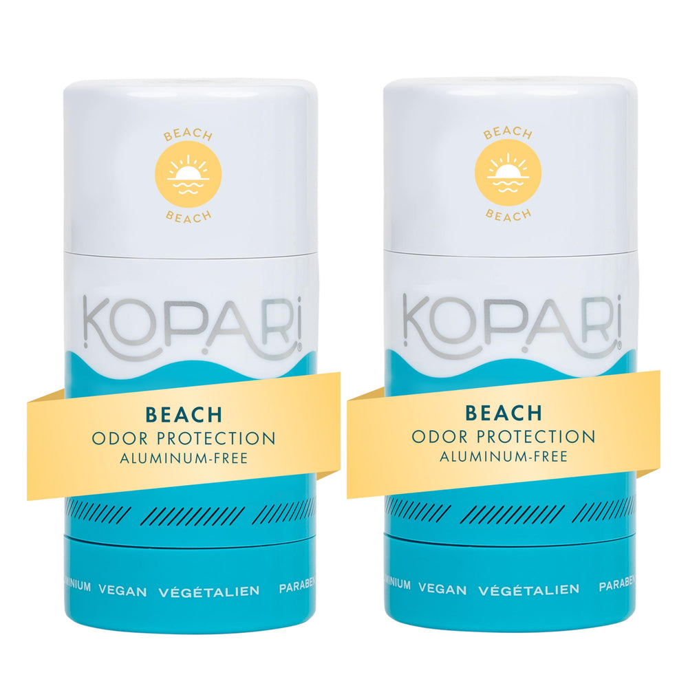 Kopari front packaging showing two Beach scent deodorant sticks for convenience