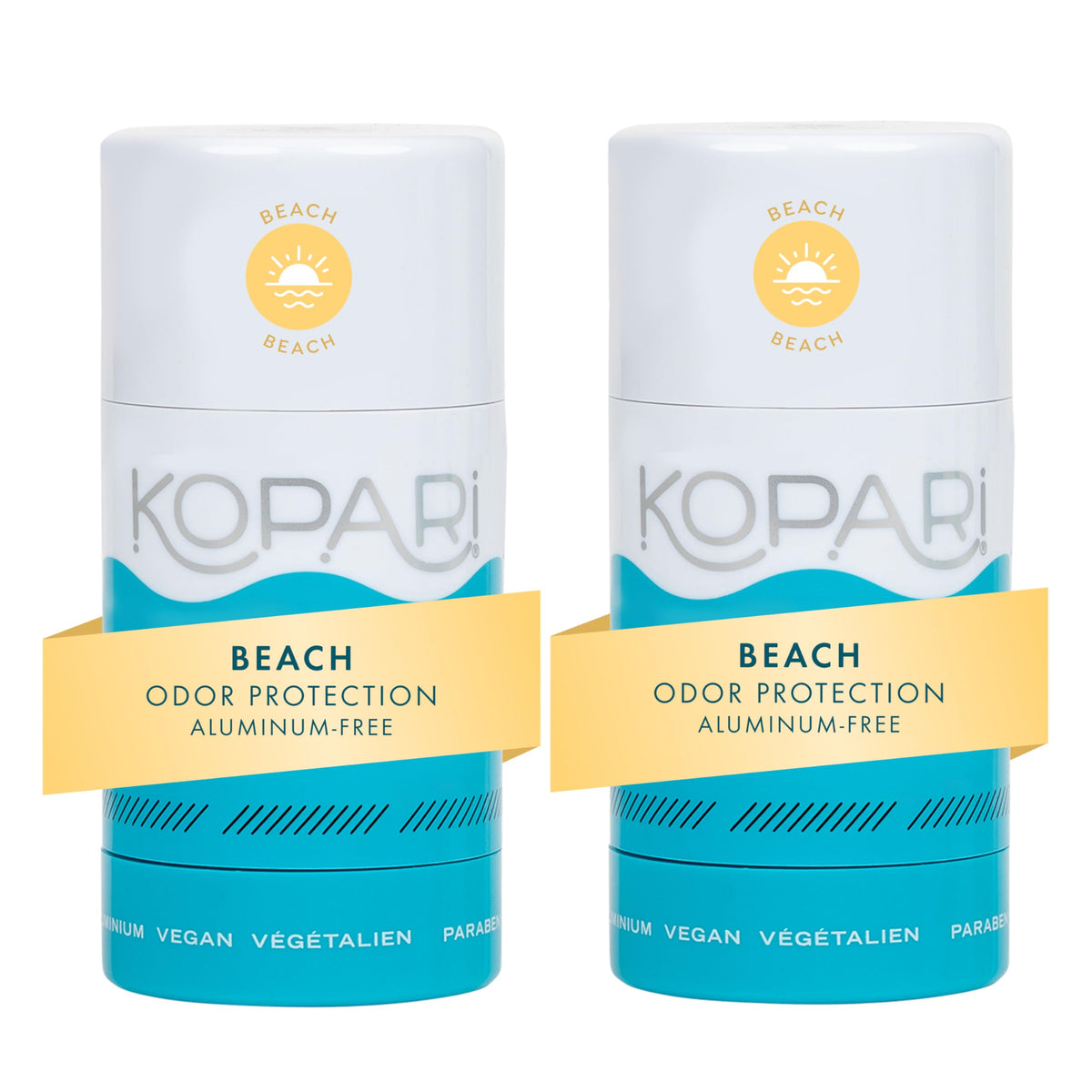 Kopari front packaging showing two Beach scent deodorant sticks for convenience