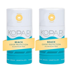 Kopari front packaging showing two Beach scent deodorant sticks for convenience