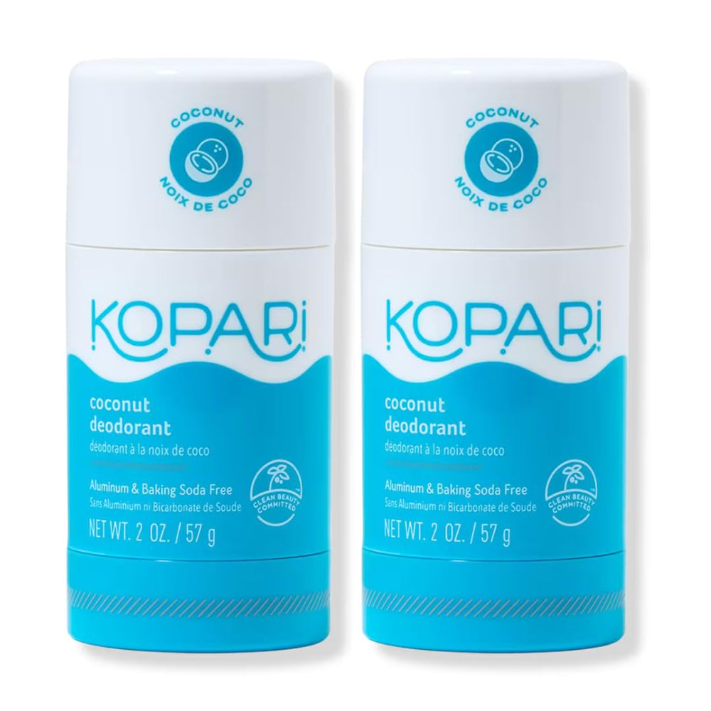 Kopari front packaging showing two coconut deodorant sticks and benefits