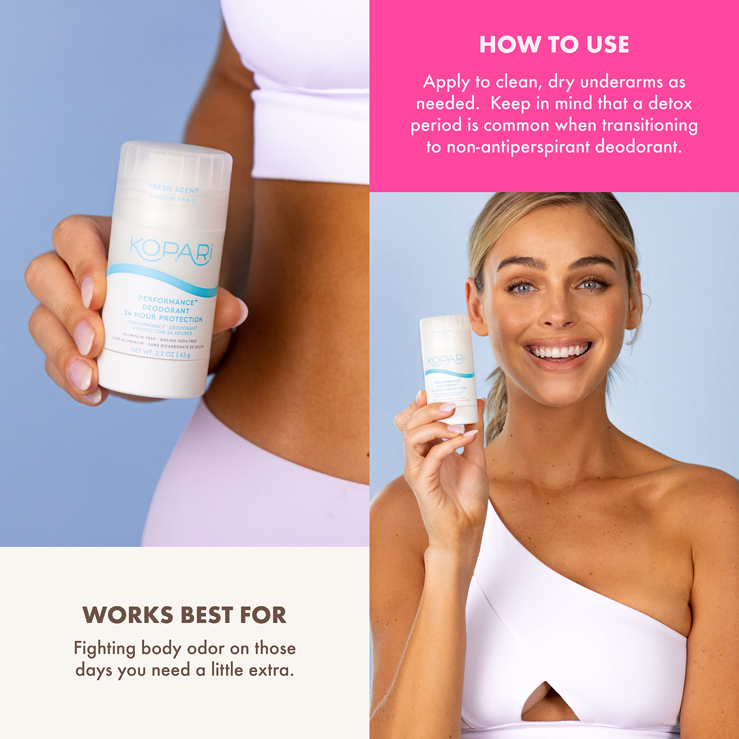 Kopari deodorant applied to underarm demonstration emphasizing comfortable wear
