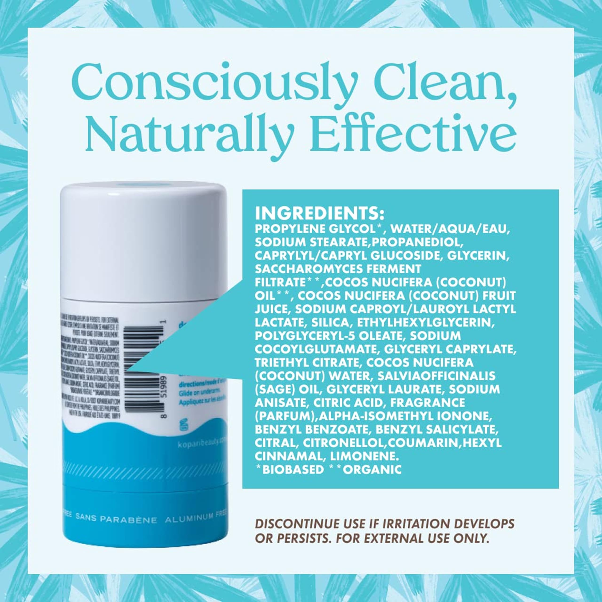 Kopari deodorant in a beach setting conveying tropical coconut scent