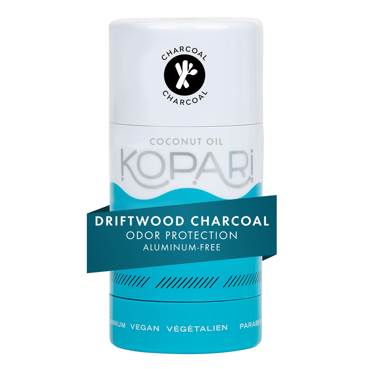 Kopari front packaging showing driftwood charcoal scent and clear benefits