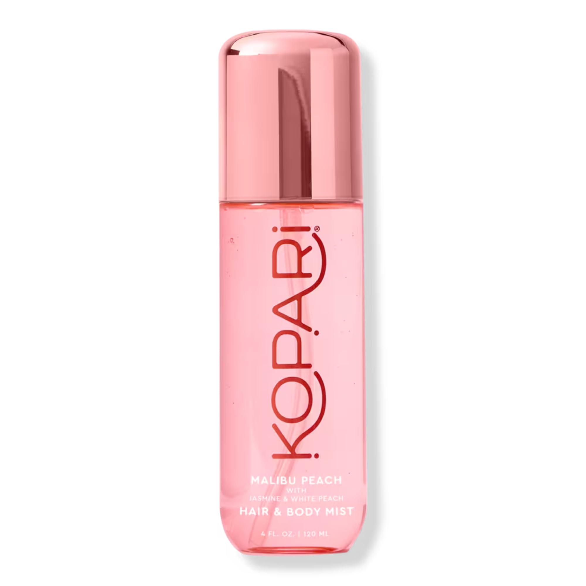 Kopari Malibu Peach front packaging showing 4 oz bottle and playful branding benefit travel-friendly fragrance