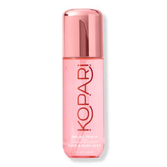 Kopari Malibu Peach front packaging showing 4 oz bottle and playful branding benefit travel-friendly fragrance