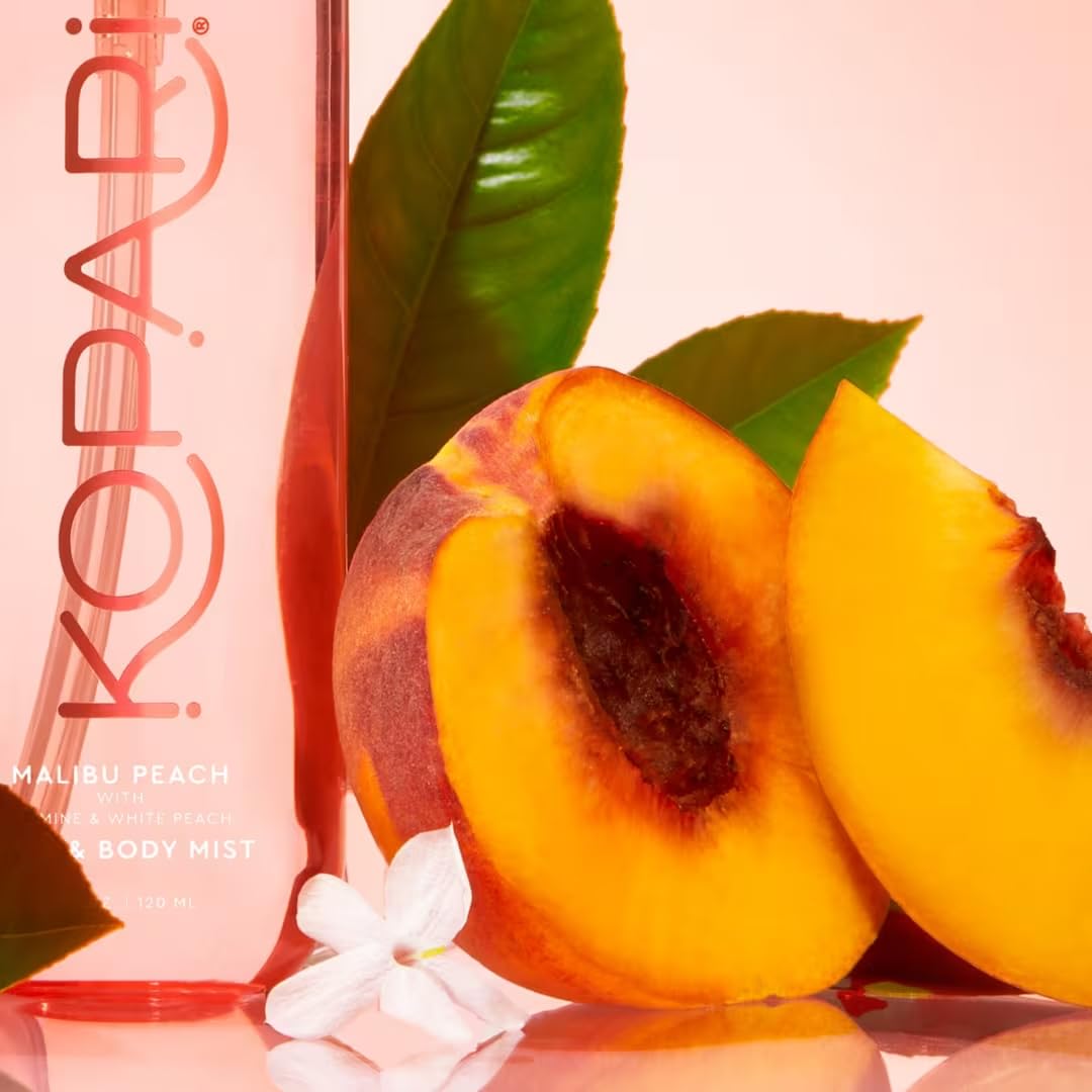 Kopari ingredients flatlay featuring peach and jasmine visuals promoting clean, upcycled ingredients