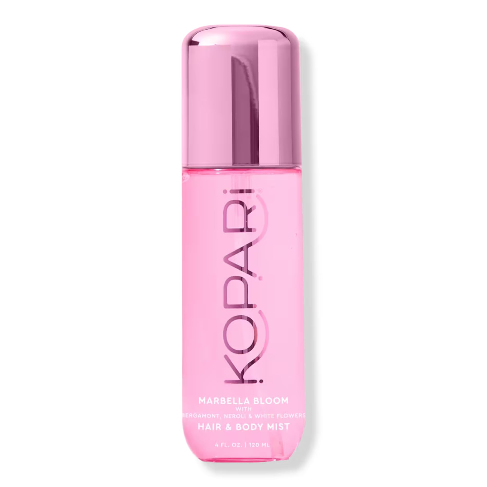 Kopari bottle front view showing clean design and floral appeal