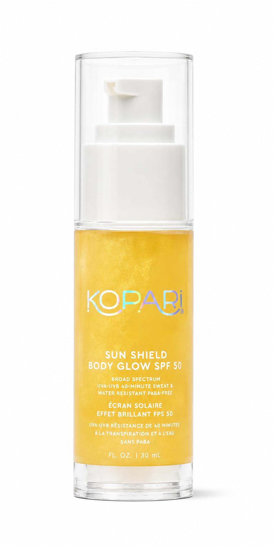 Kopari mini sun shield front tube showing SPF 50 and travel size benefit