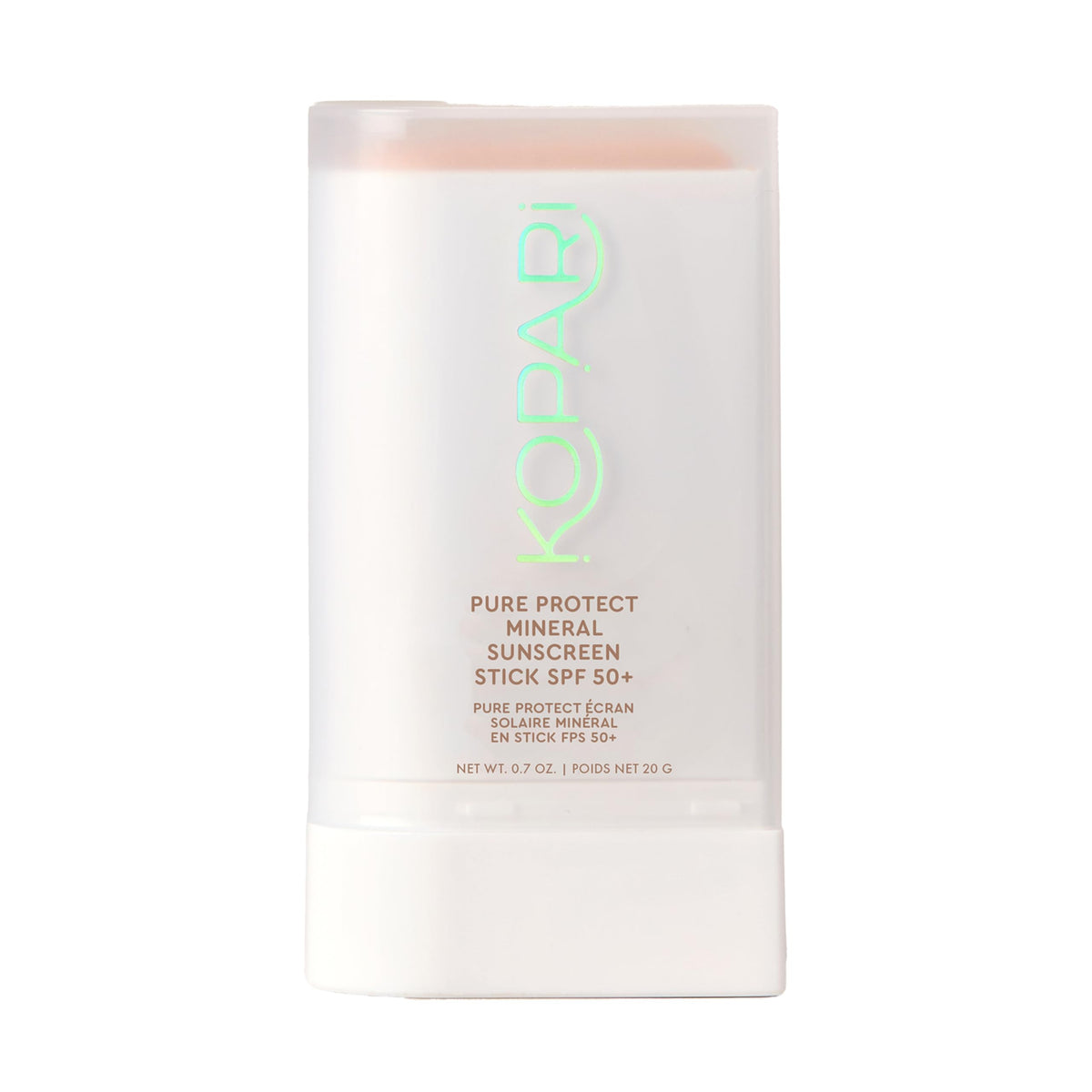 Kopari front view of SPF 50+ stick showing compact design and clear finish benefit